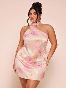SHEIN BAE 大码女式春夏缎面印花无袖露背吊带迷你连衣裙 - 粉色 - 查看 6