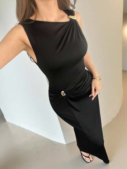 NOVVYNE Women's Solid Color Metal Decor Pleated Elegant Waist Cinched Long Party Dress