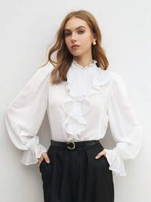 BizChic Women's Autumn Ruffle Hem Long Sleeve Blouse, Urban Commute Office Business Casual Elegant Lady Formal Shirt Top - White - View 1
