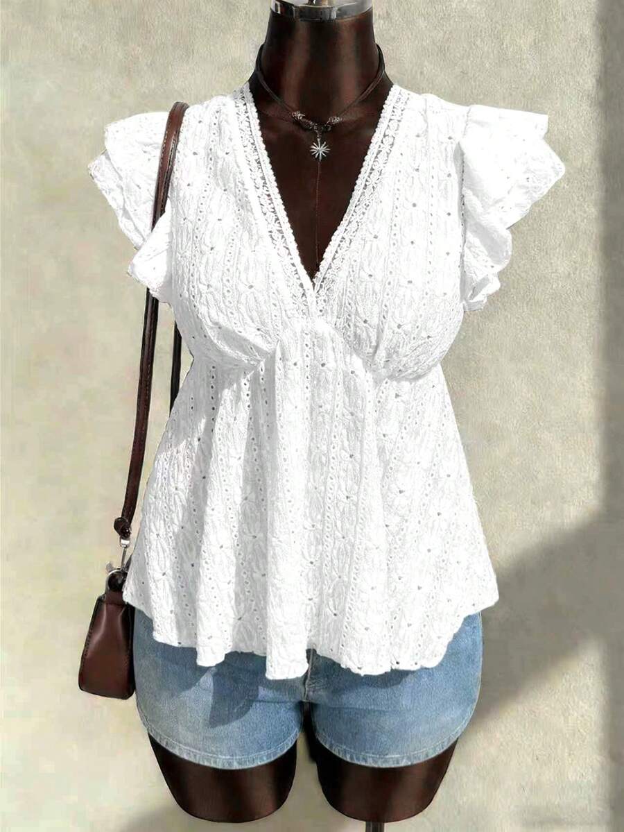 SHEIN LUNE CURVE 大码特色面料白色蕾丝边娃娃领修身短袖通勤法式优雅衬衫 - 白色 - 查看 1