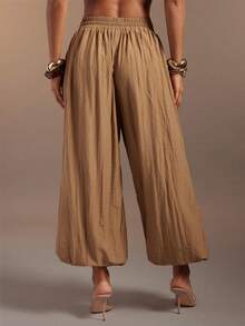 Hauture Women's Sexy Linen Elastic Waistband Wide Leg Pleated Lantern Pants - Brown - View 6