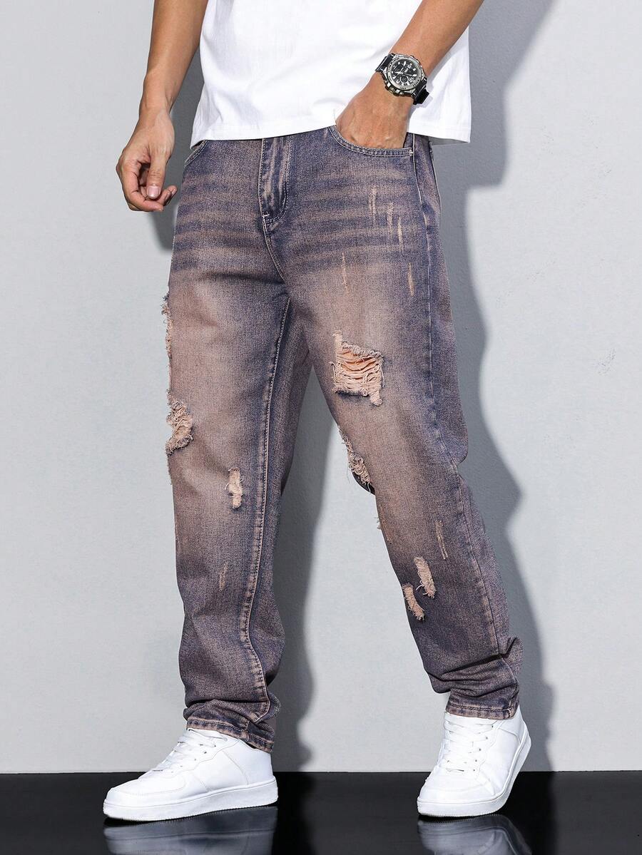 Manfinity Homme Men's Casual Loose Straight Leg Distressed Pockets Denim Jeans - Multicolor - View 1