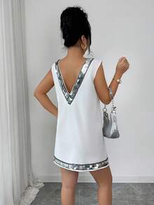 SHEIN Raffinéa Women's Sleeveless V-Neck Sequin Embellished Elegant Minimalist Short Dress White Mini Dress White Sequin Dress Sleeveless White Dress Women Mini Dresses White Club Dress - White - View 2