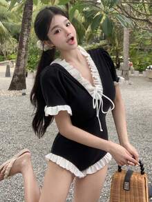 DAZY 女士拼色前系带防晒衣，简约休闲，适合夏季海滩度假 - 黑色 - 查看 4