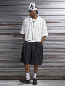 AXEPEAK 男士夏季休闲日常通勤简约纯色褶皱宽松阔腿短裤 - 黑色 - 查看 5