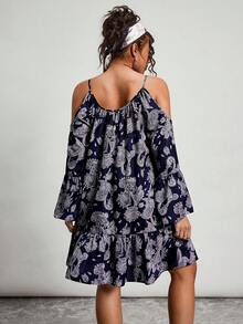 SHEIN LUNE 大码女式度假腰果花卉镂空喇叭袖系带宽松时尚连衣裙 - 彩色 - 查看 3