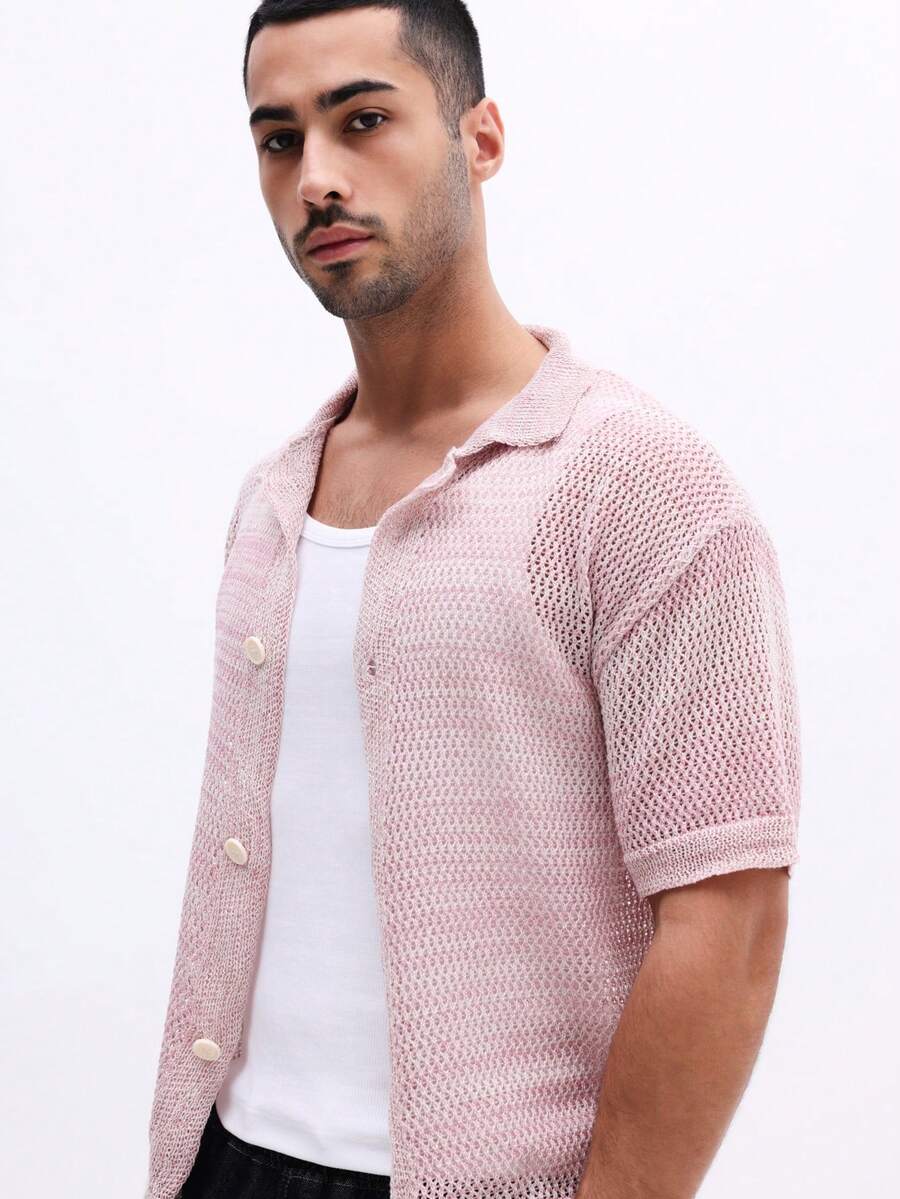 SUMWON Knitted Short Sleeve Polo Shirt With Button Front Collar Mesh Texture Summer Casual - Pink - View 1