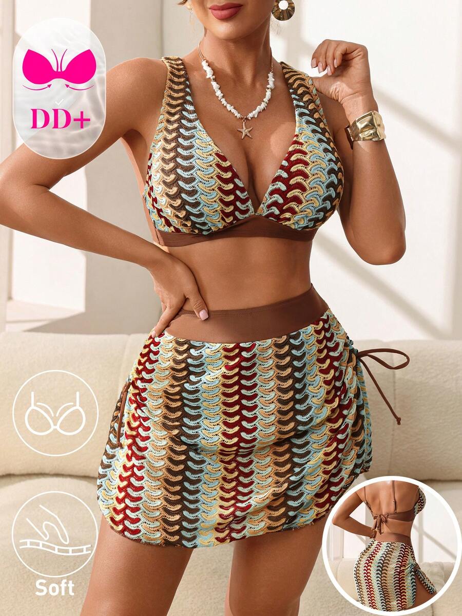 Swim DD+ 3pcs Women's Plus Size DD+ Bust Enhancing Ruffle Rainbow Striped Fabric Bikini Set With Tie Side Skirt, Fashionable For Party And Vacation - Multicolor - View 1
