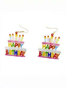 Zazumi 生日派对耳环 - 生日快乐字母亚克力吊坠耳环，可爱个性饰品，送给她的礼物 - 彩色 - 查看 5