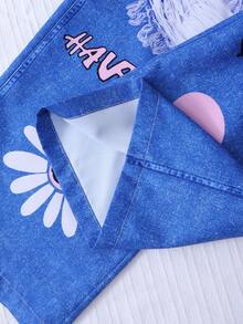 SHEIN Quần ống rộng dáng suông phong cách thường ngày cá tính dành cho bé gái tuổi teen, họa tiết chữ cái và nơ, chất liệu denim, phù hợp cho các bé gái trước tuổi teen, quần ống thẳng in hình graffiti, thời trang thường ngày, mặc hàng ngày. - Màu xanh lam - Xem 4