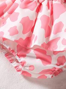 SHEIN Baby Girl Sweet Patchwork Heart Print Ruffle Hem Bow Decor Summer Dress - Pink - View 6