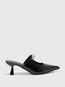 CUCCOO BIZCHIC New Women's Black Pointed Toe Metal Buckle Strap Slip-On Mules, Commuting Business Office Outfit Mid-Heel Slides - Black - View 2