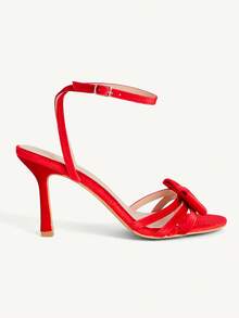 CUCCOO CHICEST 白色水晶装饰蝴蝶结绑带高跟凉鞋，优雅休闲派对约会婚礼场合女鞋 - 紅色絲絨 - 查看 3