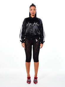 BABYPHAT Satin Varsity Jacket With Script Text Print Bomber Style Ribbed Cuffs Contrast Sleeves Winter Fall Outerwear - Black - View 3