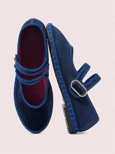 CUCCOO DOLLMOD Women's Grey Elegant Velvet Classic Comfortable Velvet Parallel Double Strap Mary Jane Flat Shoes