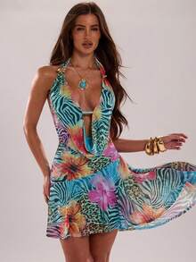 SHEIN BAE Women's Sexy Plunge Neck Backless Printed Beach Vacation Dress,Spring/Summer New Arrival: Blue Leopard Print Dress. Perfect For Beach Vacations, Beach Trips, Beach Parties, Dates, Nightclubs, Picnics, Parties, Music Festivals, Brunch, And Other Occasions.,Summer Dresses For Women - Baby Blue - View 4