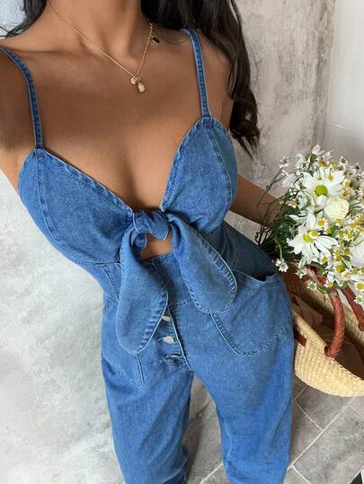 Sunnyshic Tie Front Cami Denim Jumpsuit