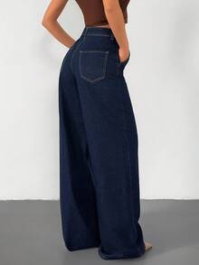 SHEIN High Waist Sewing Detailed Wideleg Jean - Dark Wash - View 2