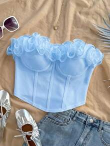 Soleia Top tubo ajustado con volantes romántico y sexy, adecuado para vacaciones, citas, San Valentín, tarde de té - Celeste - Ver 8