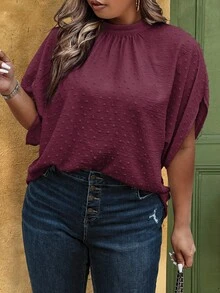 SHEIN Clasi Plus Size Women's Solid Color Stand Collar Batwing Short Sleeve Fashionable Blouse - Burgundy - View 1