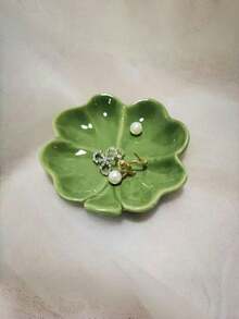 Ceramic Jewelry Tray With Floral Design, Tabletop Multipurpose Organizer For Cosmetics And Accessories, Nordic Style Clover Leaf And Leaf Shaped Storage Box For Engagement, Wedding, Birthday Gifts - 1pc, Jewelry Trays Gifts For Women - Green - View 8