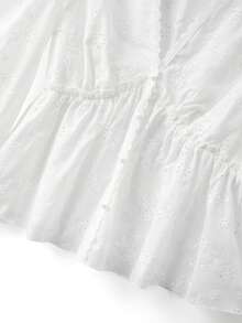 Nubod Blusa/camisa de mujer con cuello en V, mangas abullonadas y volantes, con bordados y patchwork de tela - Blanco - Ver 3