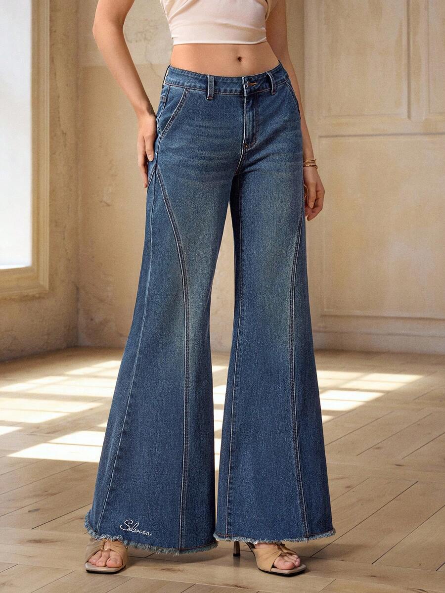 Selenza 女士时尚休闲水洗斜插口袋毛边喇叭牛仔裤 - 藍色 - 查看 1