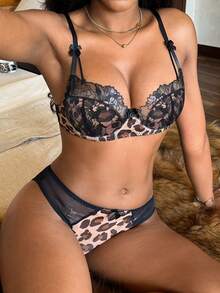 2pcs Embroidered Patchwork Leopard Print Mesh Underwire Bra Set - Multicolor - View 3