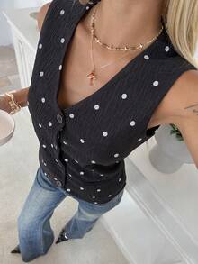 Livesso 波点印花休闲度假风沙滩宽松时尚办公无袖夹克背心上衣西装外套，女士，春夏款 - 藏蓝色 - 查看 5