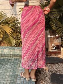 Livesso Women's Summer Vacation All-Over Print Side Zipper Slit Skirt - Coral Pink - View 6