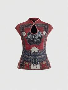 ROMWE Avant 复古中国风佛像图案抽绳女式衬衫 - 彩色 - 查看 1