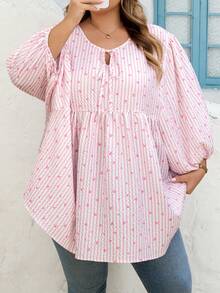 SHEIN CURVE+ Curve 尺码 US22 音乐节、海滨度假、波西米亚风 CURVE PLUS / / 女士系带领灯笼袖条纹爱心印花荷叶边下摆宽松衬衫 - 彩色 - 查看 3