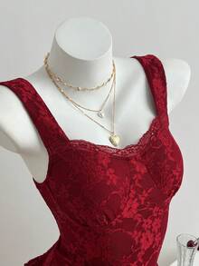 Elamini Floral Lace Texture Romantic Mini Dress - Red - View 3