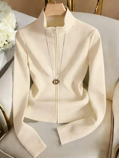 Resyla 女士纯色拉链立领修身长袖开衫