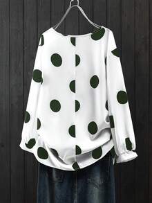 SHEIN CURVE+ 优雅通勤度假风休闲女装，畅销百搭舒适面料，圆领长袖常规款黑白大码衬衫，春夏秋三季皆宜。 - 綠色 - 查看 2