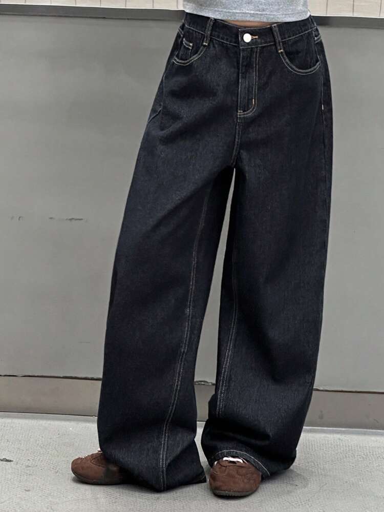 Casual Loose Fit Slant Pocket Denim Jeans For Teen Girls