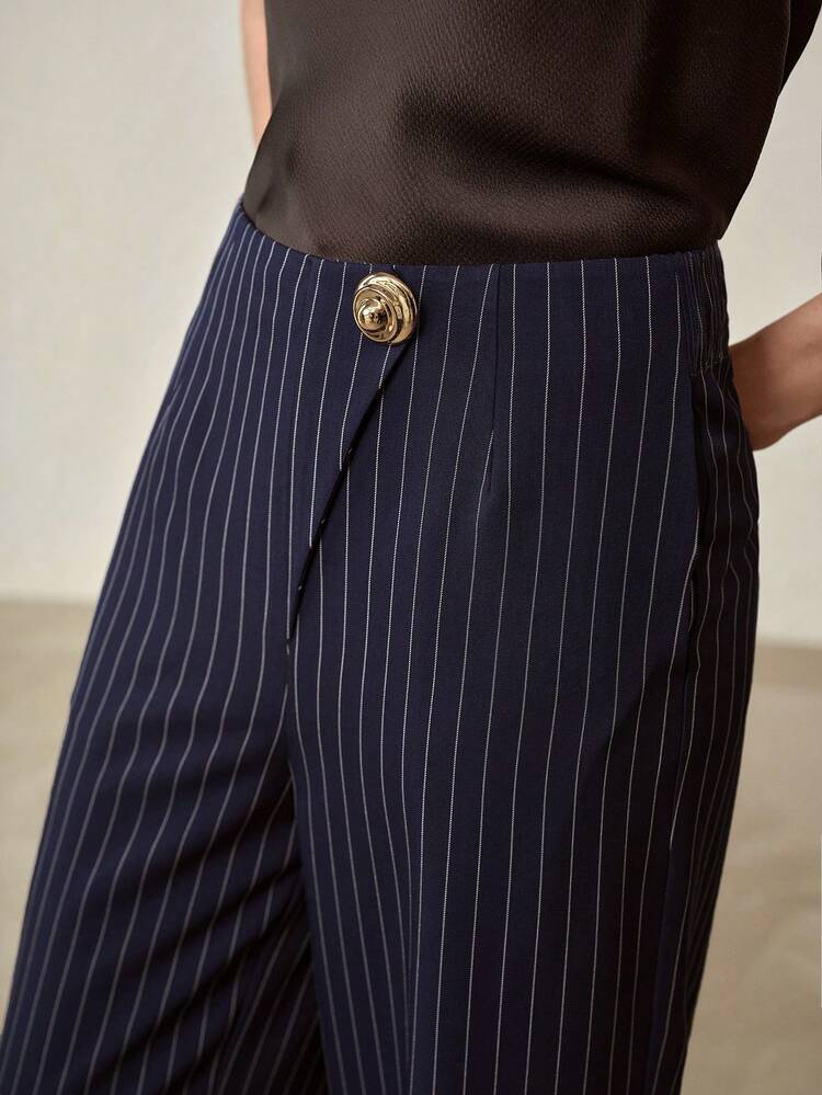 WOMEN'S NAVY BLUE STRIPED METAL BUTTON CASUAL PANTS