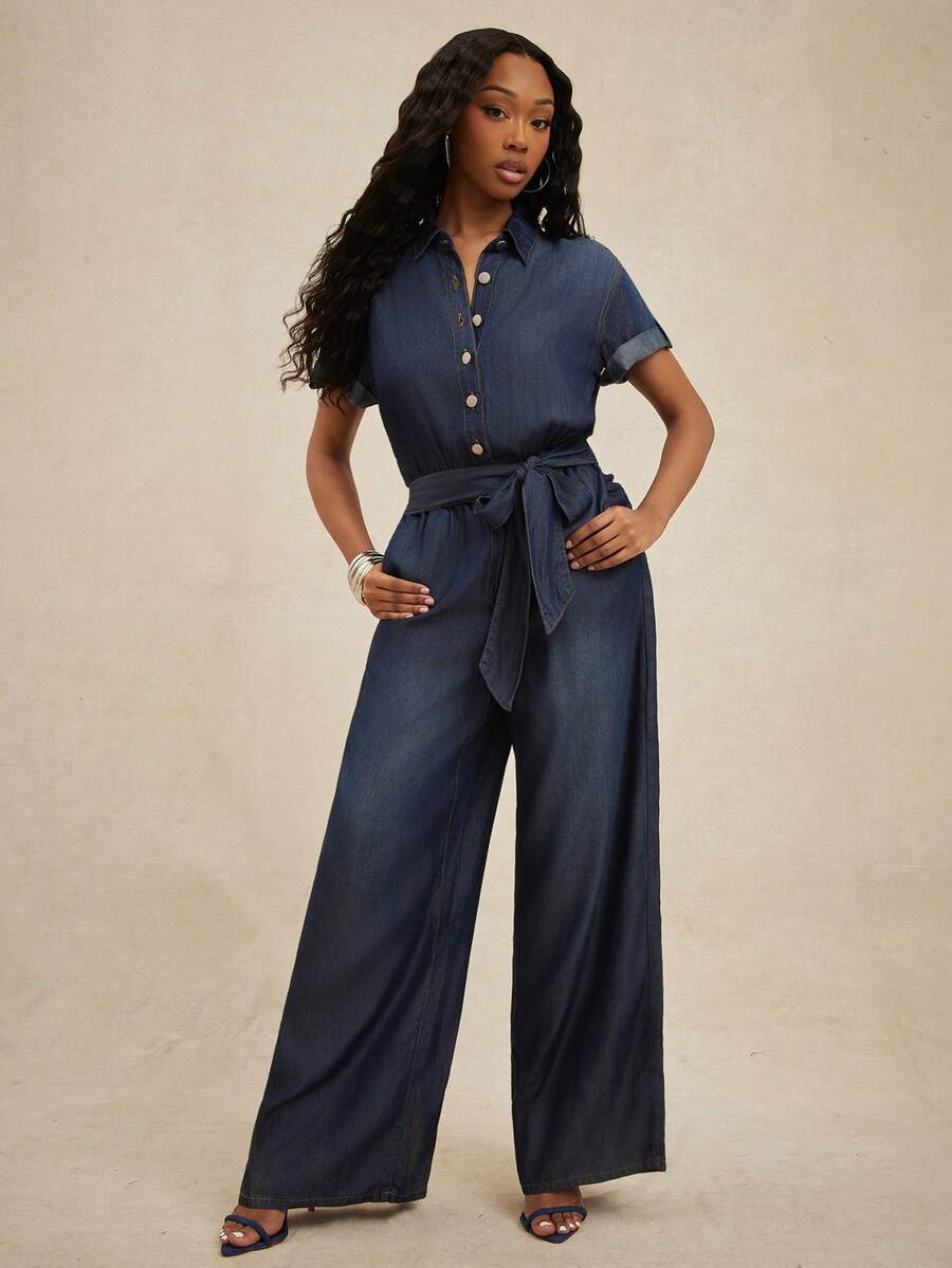 NYA SZN Jumpsuit mit Knopfverschluss, elastischem Bund und weitem Bein - Dunkle Waschung - Übersicht 1