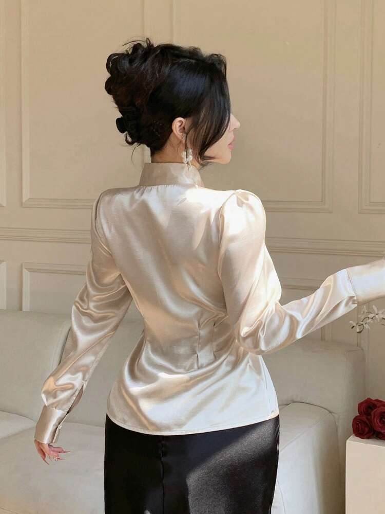 Spring/Summer Casual Cinched Waist Bow Decor Elegant Commuter Women Shirt, Suitable For Valentine's Day, Wedding