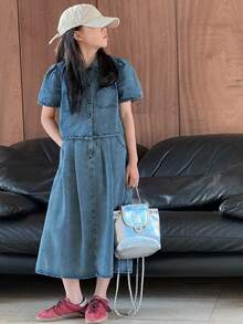 DAZY Tween Girls Puff Sleeve Top And Denim Skirt Set - Medium Wash - View 4