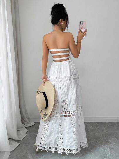 Breezaya Petite Hollow-Out Embroidered Fabric Patchwork Hollow-Out Embroidered Lace Solid Color Fitted Strapless Backless Gathered Waist Super Flared Hollow-Out Lace Patchwork Festival Holiday Wedding Party Sexy Elegant Romantic Luxurious Casual Spring/Summer Maxi Dress For Women