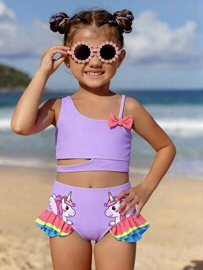 Young Girl Asymmetric Shoulder Bow Decor Hollow Cute Unicorn Print Contrast Color Ruffle Bikini Swimwear, Summer Beach Holiday Unicorn Bathing Suit Girls Unicorn Swimsuits Kids Girls Swim Two Piece Swim Suits For Teens 2 Piece Set Rainbow Two Piece Little Girl Purple Bathing Suits Two Pieces Kids Two Piece Swimsuit Girls Two Piece Swimsuit Unicorn Swimsuit Kids Girls Unicorn Bathing Suit Rainbow Unicorn Swimsuit Cute Two Piece Swimsuit Kids Girls Purple Tankini Girls Purple Bikini Two Piece Girls Swimsuit Little Girls Bikini
