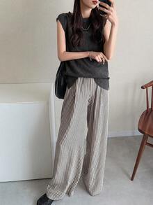 FRIFUL Women's Solid Color Round Neck Loose Tank Top And Striped Wide Leg Pants Casual 2 Pieces Set Lounge Sets For Women - Black - View 3