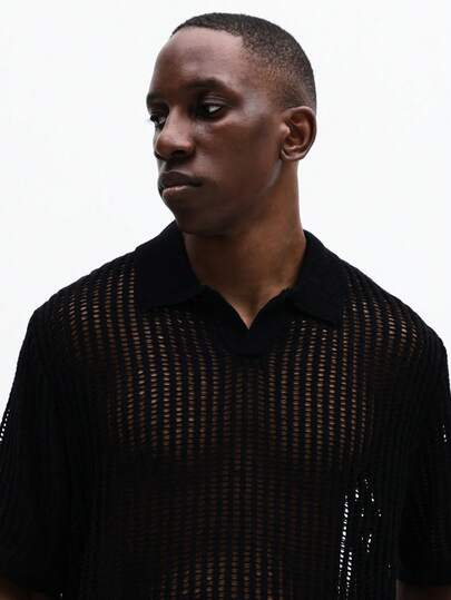 SUMWON Men's Short Sleeve Open Knit Collared Polo Shirt With See Through Mesh Design For Summer Casual Wear Lightweight Breathable Top