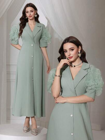 Modelyn Solid Color Shirt Collar 3D Floral Single-Breasted Short Sleeve Dress For Women