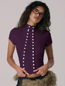 MUSERA 漏斗领不对称双扣修身款上衣，休闲可爱，冬季保暖舒适，Coco Cloud 款式 - 紫色 - 查看 1