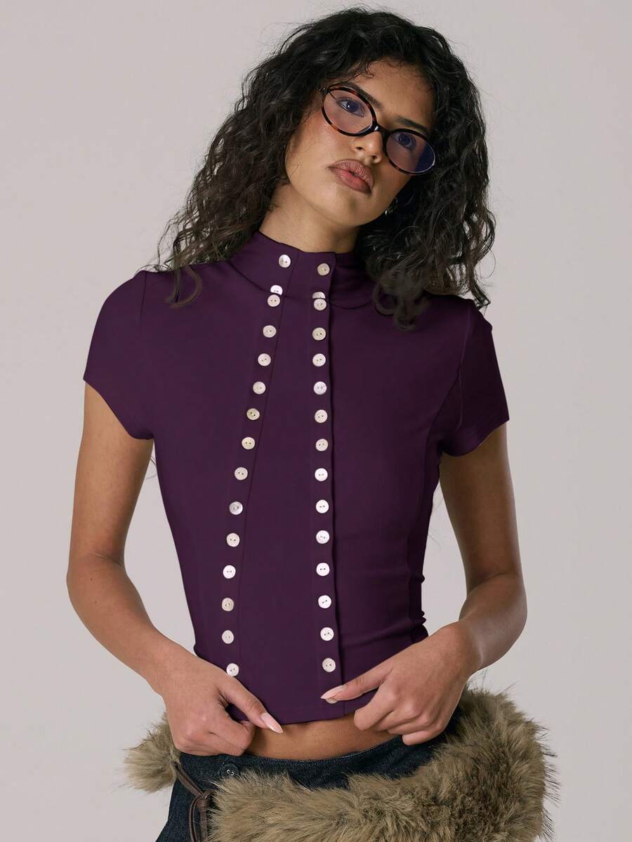 MUSERA 漏斗领不对称双扣修身款上衣，休闲可爱，冬季保暖舒适，Coco Cloud 款式 - 紫色 - 查看 1