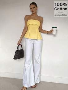 Siren Gaze 亚麻棉质抹胸荷叶边上衣：凸显腰线的波西米亚风职场装 | Old Money Elegance 2025 夏季新品发布 | 日夜转换与职场魅惑风格 - 黃色 - 查看 2