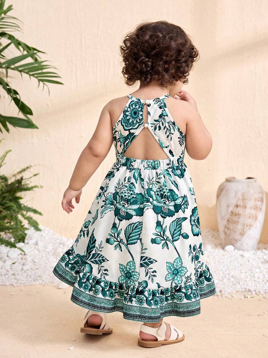 SHEIN Vestido sin espalda con estampado floral para niña, ideal para vacaciones de verano - Multicolor - Ver 1
