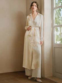 Anewsta Apricot Trench Coat, Mid-Length Women's Loose Flowy Shirt Dress, Slim Fit, Versatile, Lightweight Jacket For Spring & Autumn - Beige - View 5